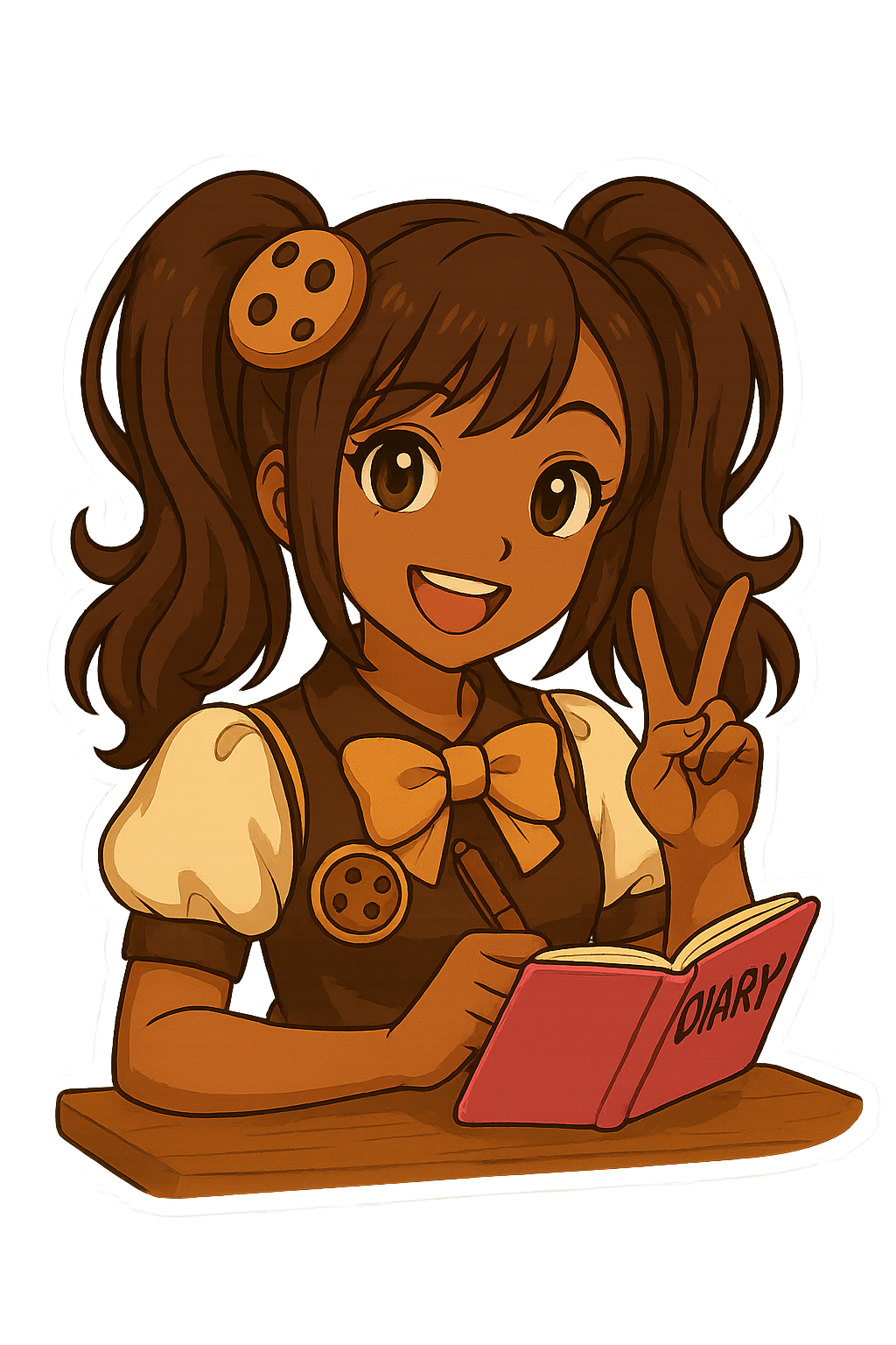 Cookie Girl writing happily in her pink diary