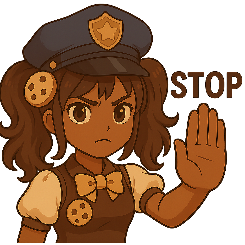 Cookie Girl in a police hat holding up her hand to say stop