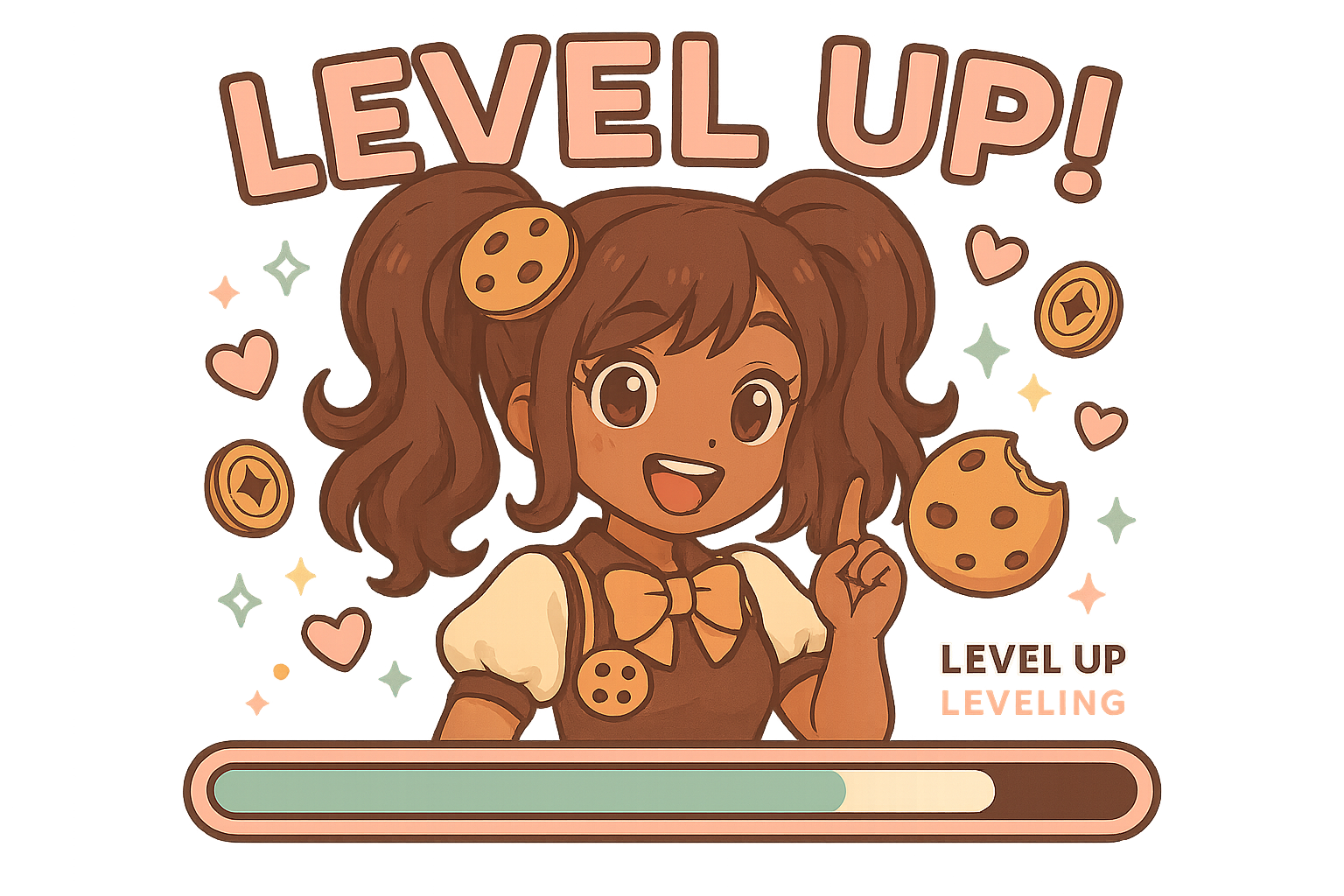 Cookie Girl celebrating a level up with XP bar